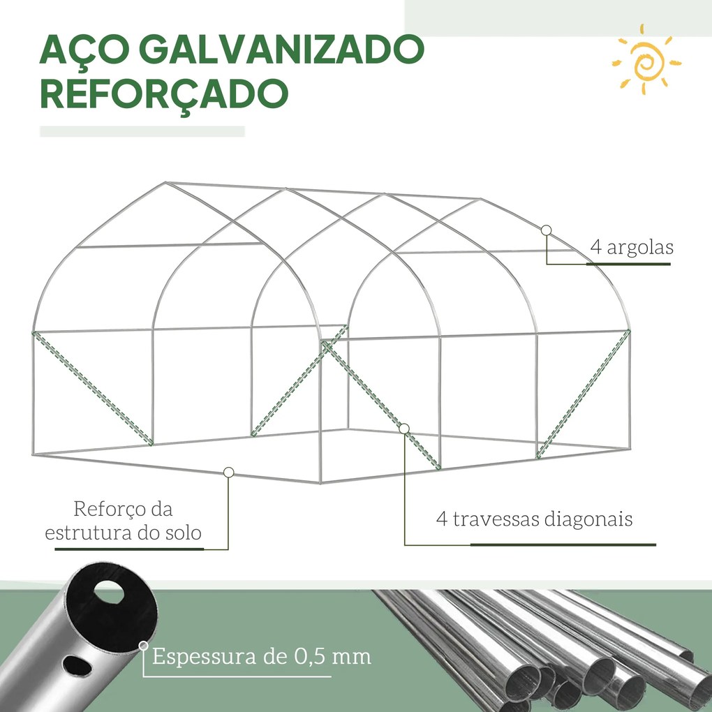 Estufa Tipo Túnel 347x300x200 cm Estufa de Jardim com Porta Enrolável 6 Janelas Cobertura PE 140g/m² Verde
