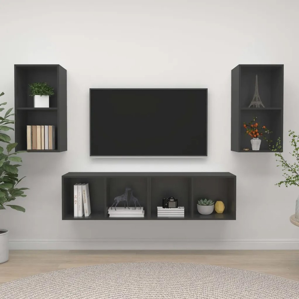 vidaXL Armários de parede para TV 4 pcs derivados de madeira cinzento