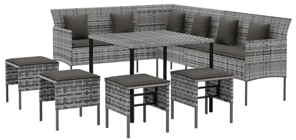 6 pcs conjunto de jantar p/ jardim c/ almofadões vime PE cinza