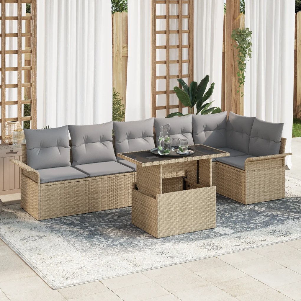 vidaXL Conjunto de Sofá de Jardim de 7 Peças com Almofadas Bege de Rattan Poliéster