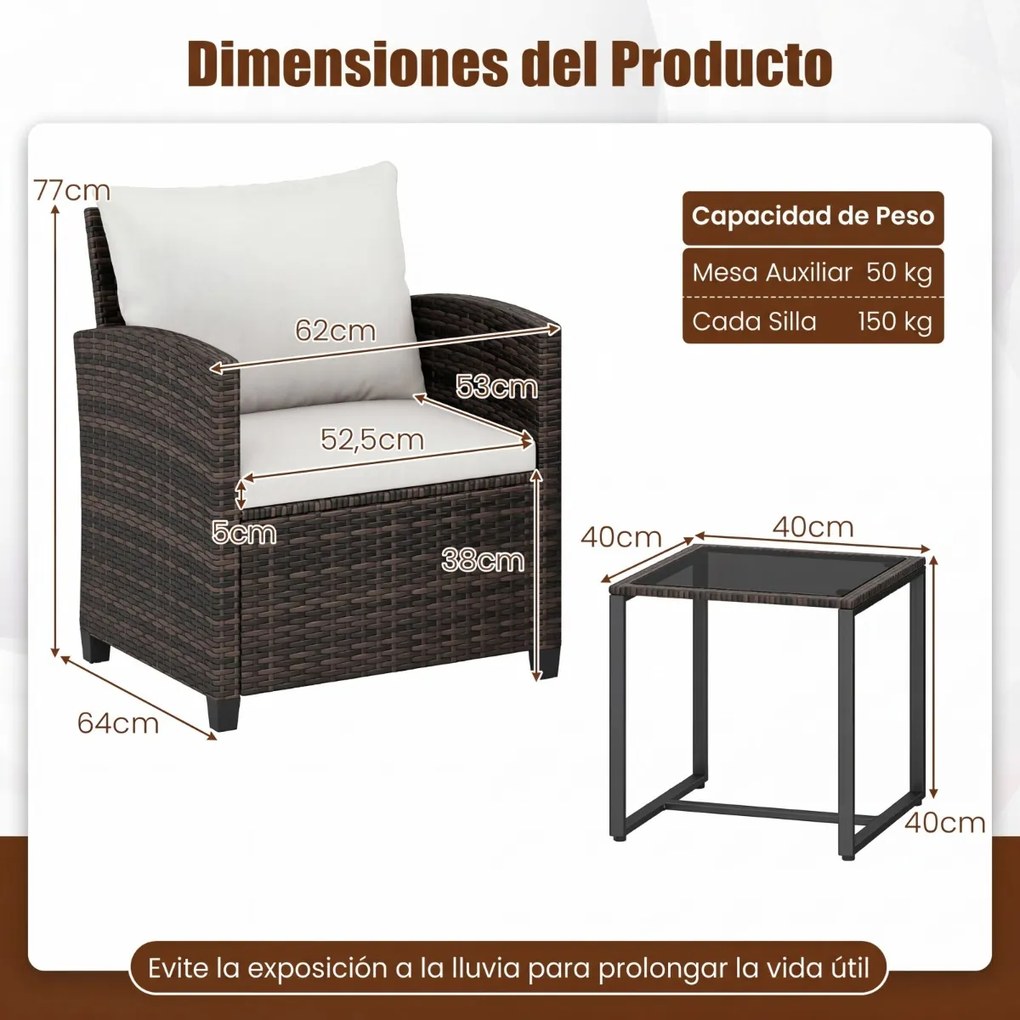Conjunto de 3 móveis de rattan para jardim, com 2 cadeiras, mesa de vidro e almofadas pretas com capas removíveis, para jardim, terraço ou piscina Cas