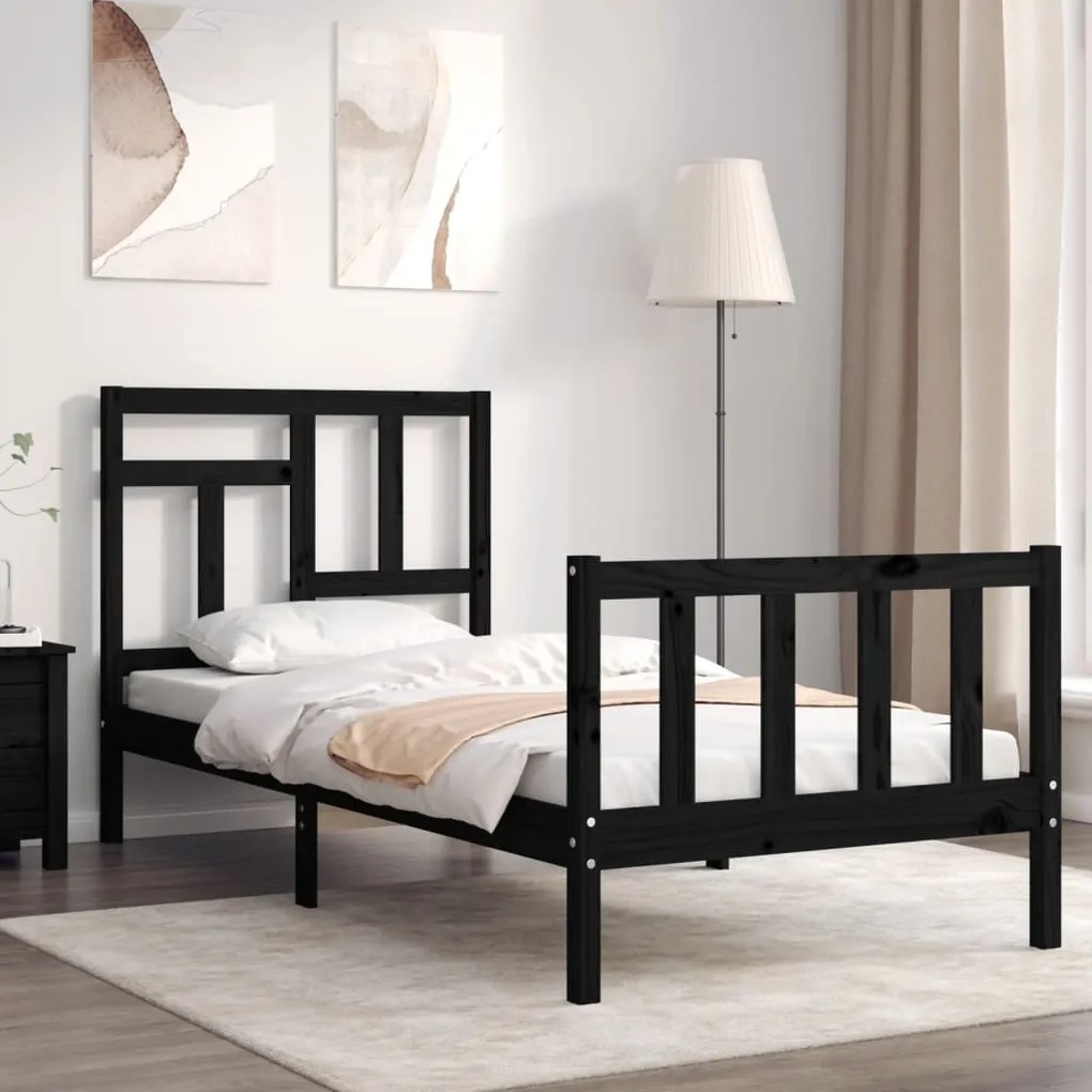 Estrutura de cama com cabeceira 100x200 cm madeira maciça preto
