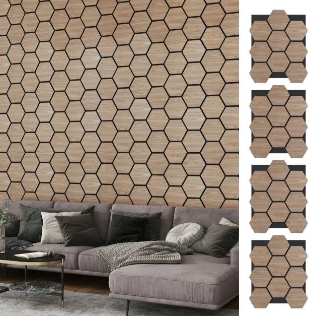 Conjunto de 4 painéis acústicos 81 x 66 cm com 9 painéis hexagonais de madeira absorvente de som para redução de ruído
