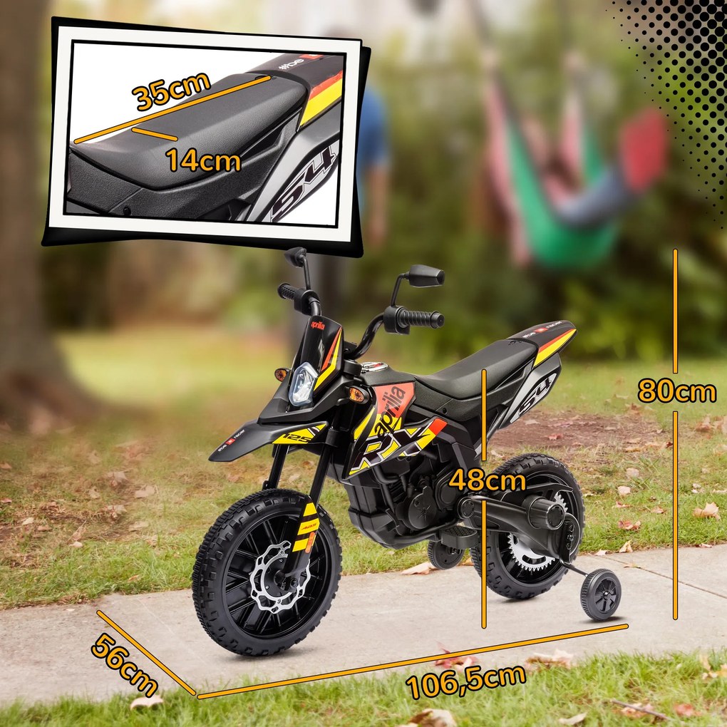 Moto Elétrica 12V para Crianças 3 aos 6 anos, 106,5 x 56 x 80 cm, Rodas de Treino Amovíveis, Amarela