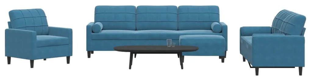 4 pcs conjunto de sofás com almofadões e rolos veludo azul