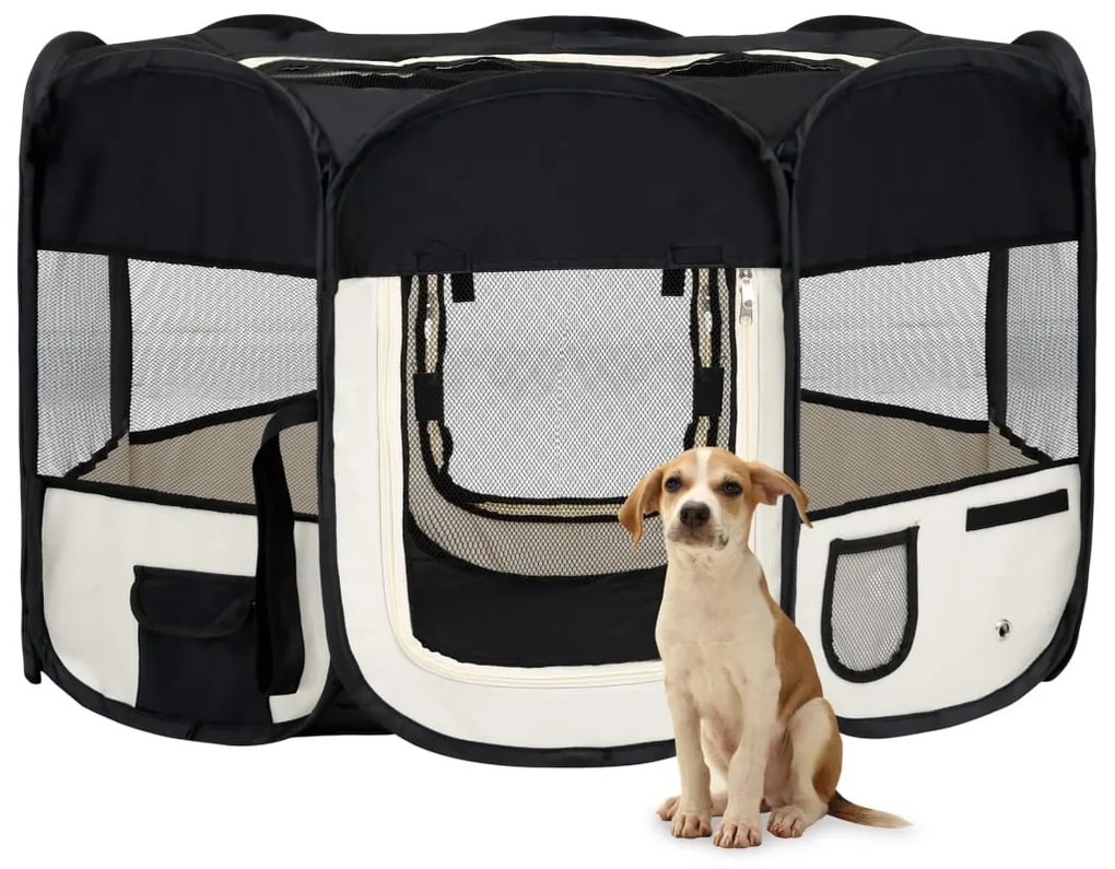 vidaXL Parque dobrável p/ cão c/ saco de transporte 125x125x61cm preto