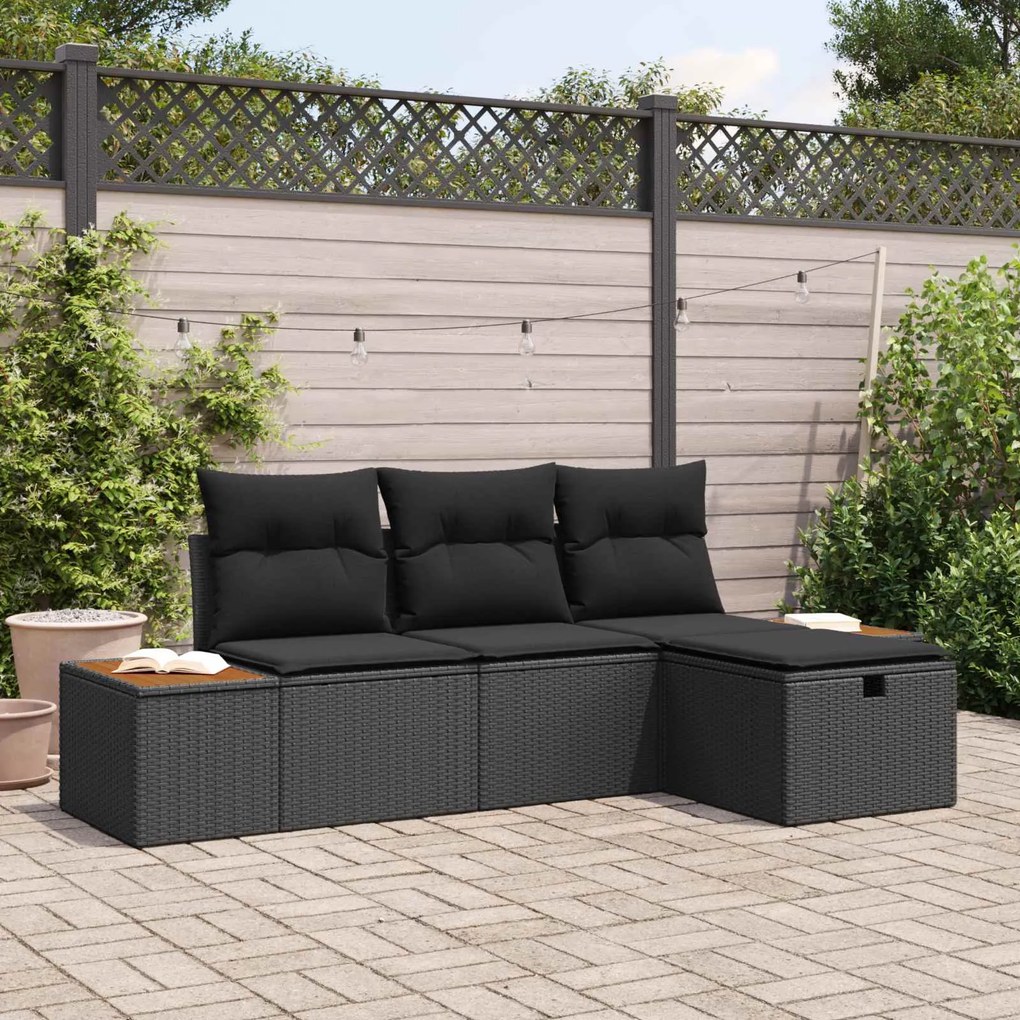 vidaXL Conjunto de Sofá de Jardim com almofada 4 pcs Preto vime PE