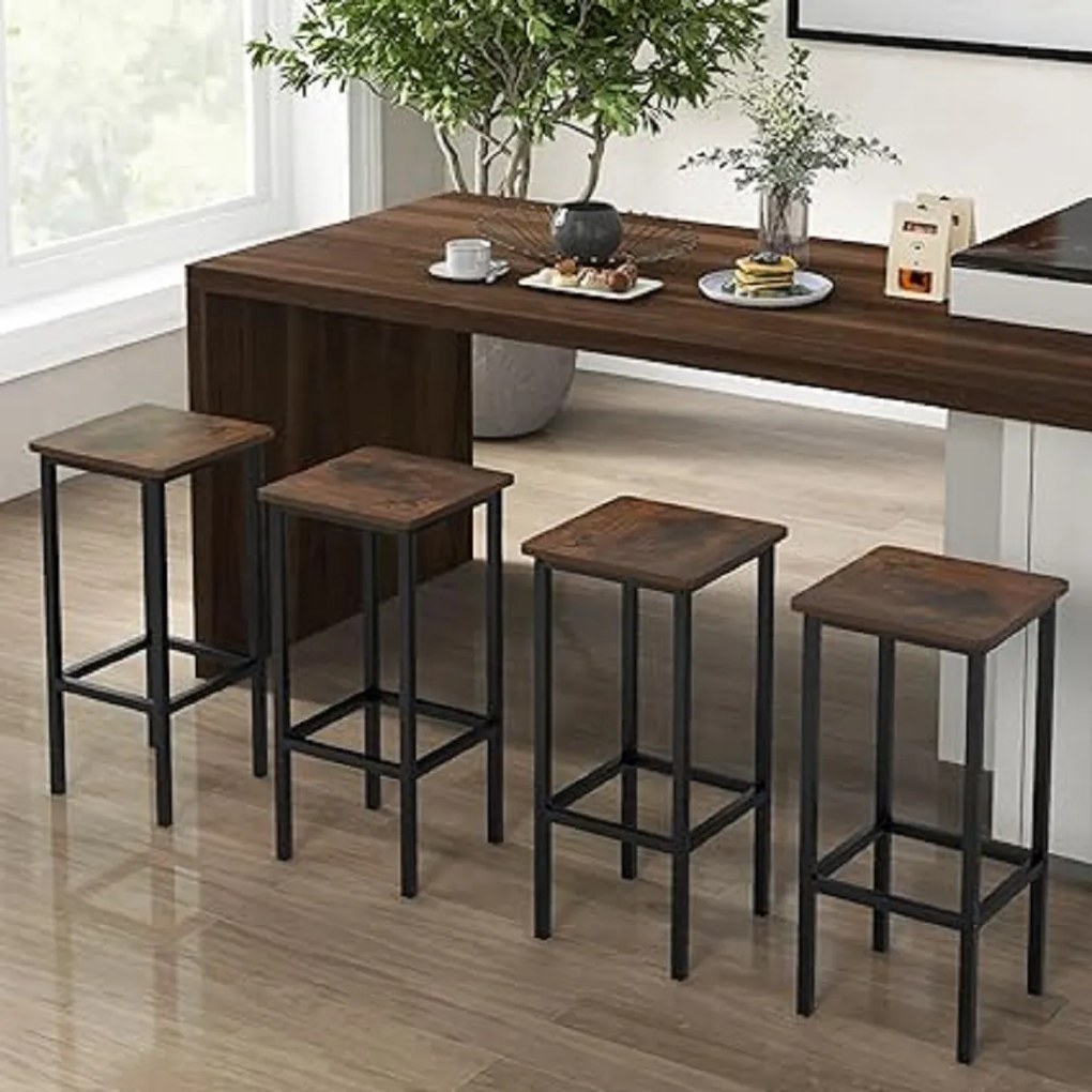 Conjunto de 4 bancos de bar com pés de metal, apoio para os pés e encosto industrial, altura para cozinha ou sala de jantar, 30 x 30 x 65 cm, Castanho