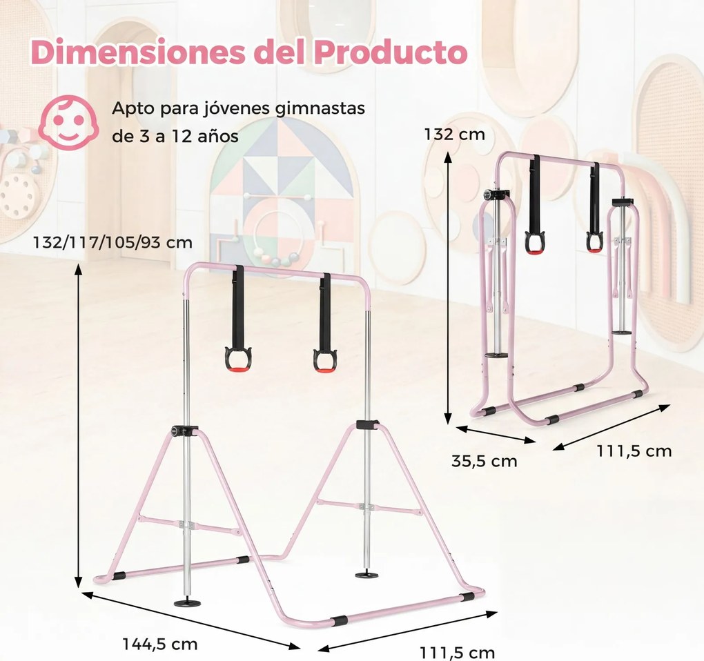 Barra de Ginástica para Crianças, 111,5 x 144,5 x 132 cm, Ajustável em 4 Níveis de Altura, Cor-de-rosa