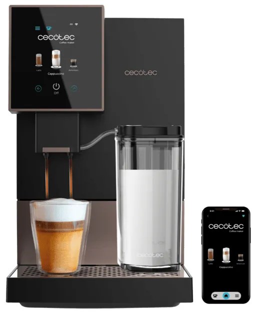 Máquina de café superautomática compacta Cremma Compactccino Connected Black Rose com 19 bares, ecrã TFT e Wi-Fi, depósito de leite e Thermoblock