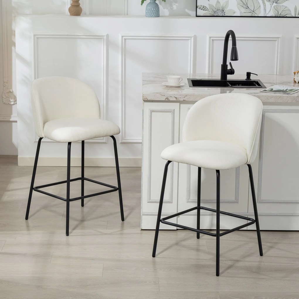 Conjunto de 2 Bancos de Bar, 55 x 50 x 93 cm, Encosto Ergonómico, Creme