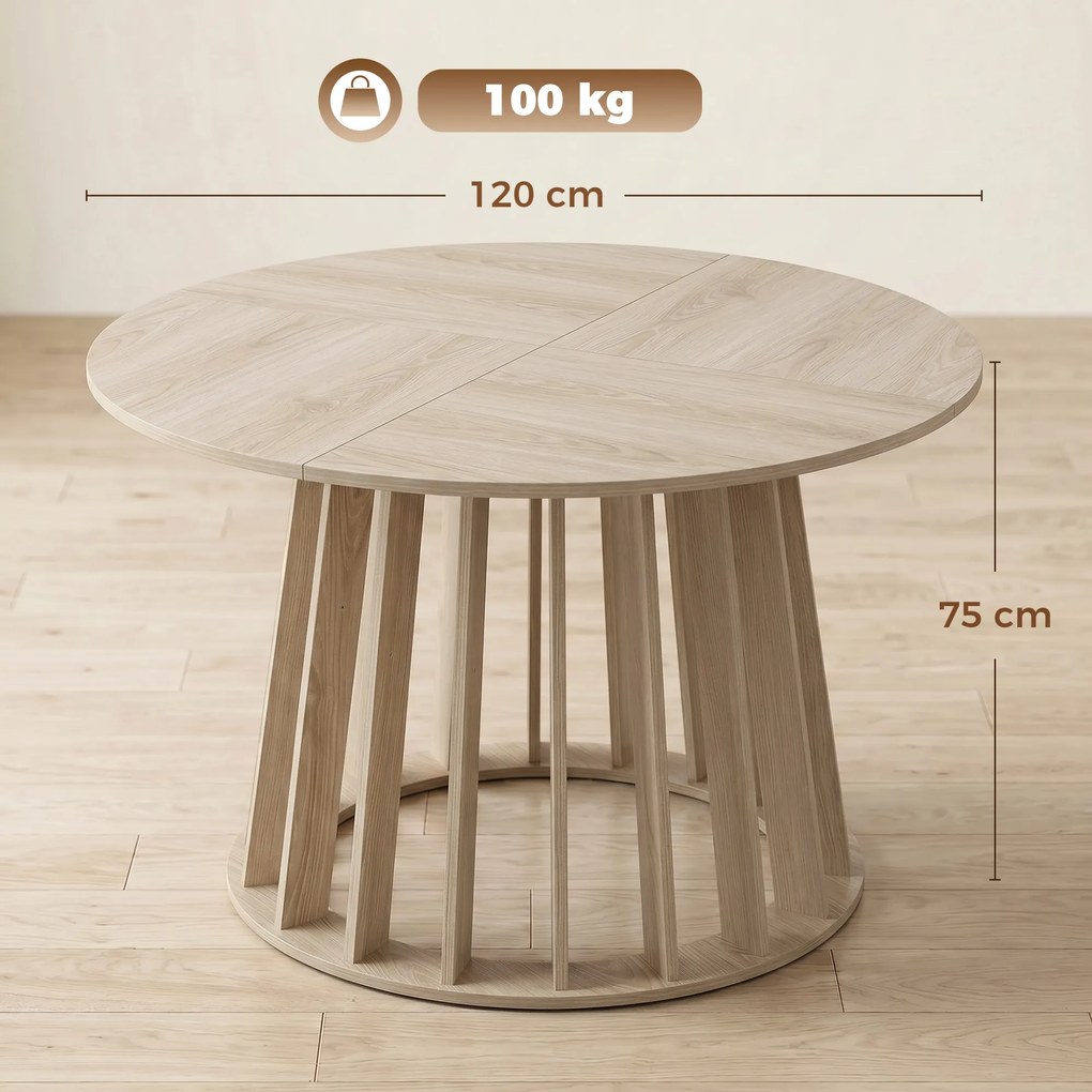 Mesa de jantar redonda para 4 a 6 pessoas, Ø 120 x 75 cm (CADEIRAS NÃO INCLUIDAS), mesa de cozinha com base robusta em ripas, madeira natural