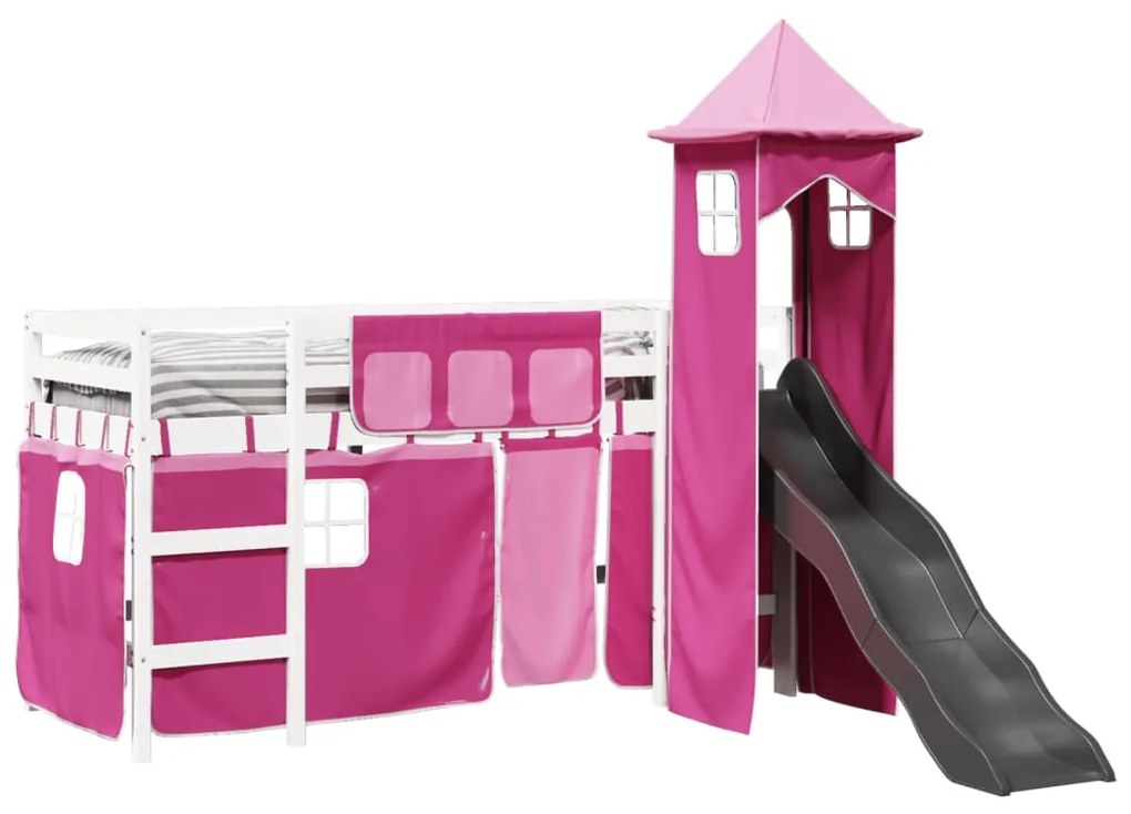 Cama alta para criança com torre 90x200 cm pinho maciço rosa