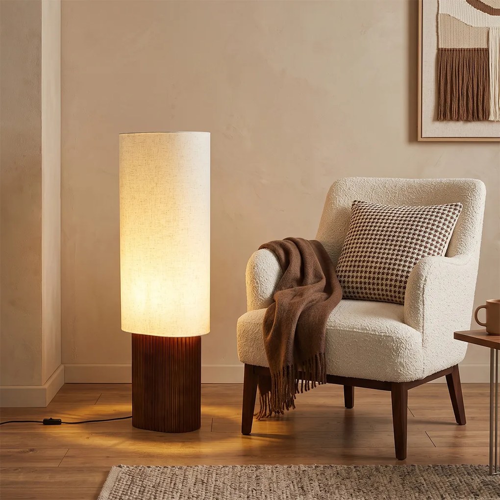 Japandi vloerlamp walnoot hout met stoffen kap 90cm - Lamel