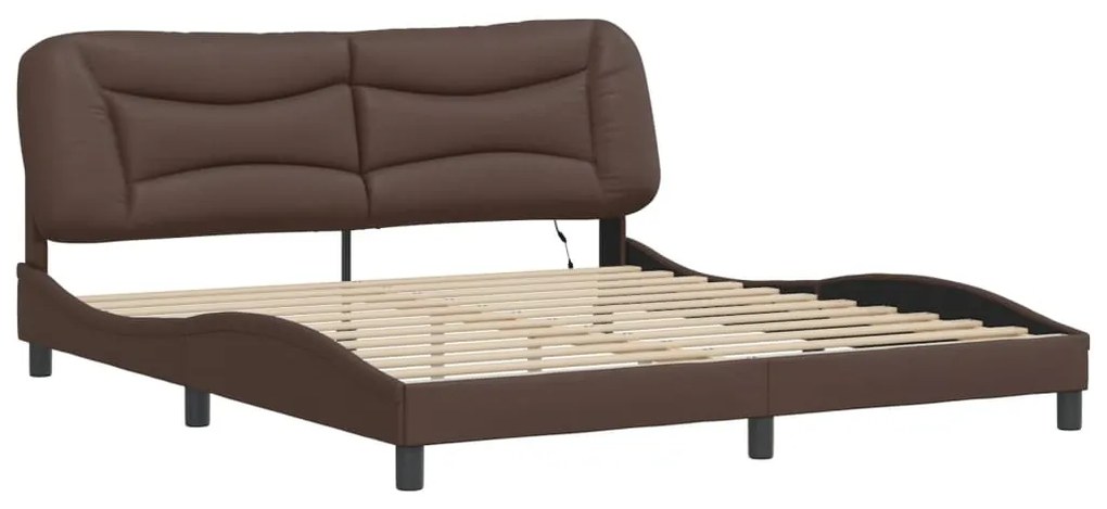 Estrutura cama c/ luzes LED 180x200cm couro artificial castanho