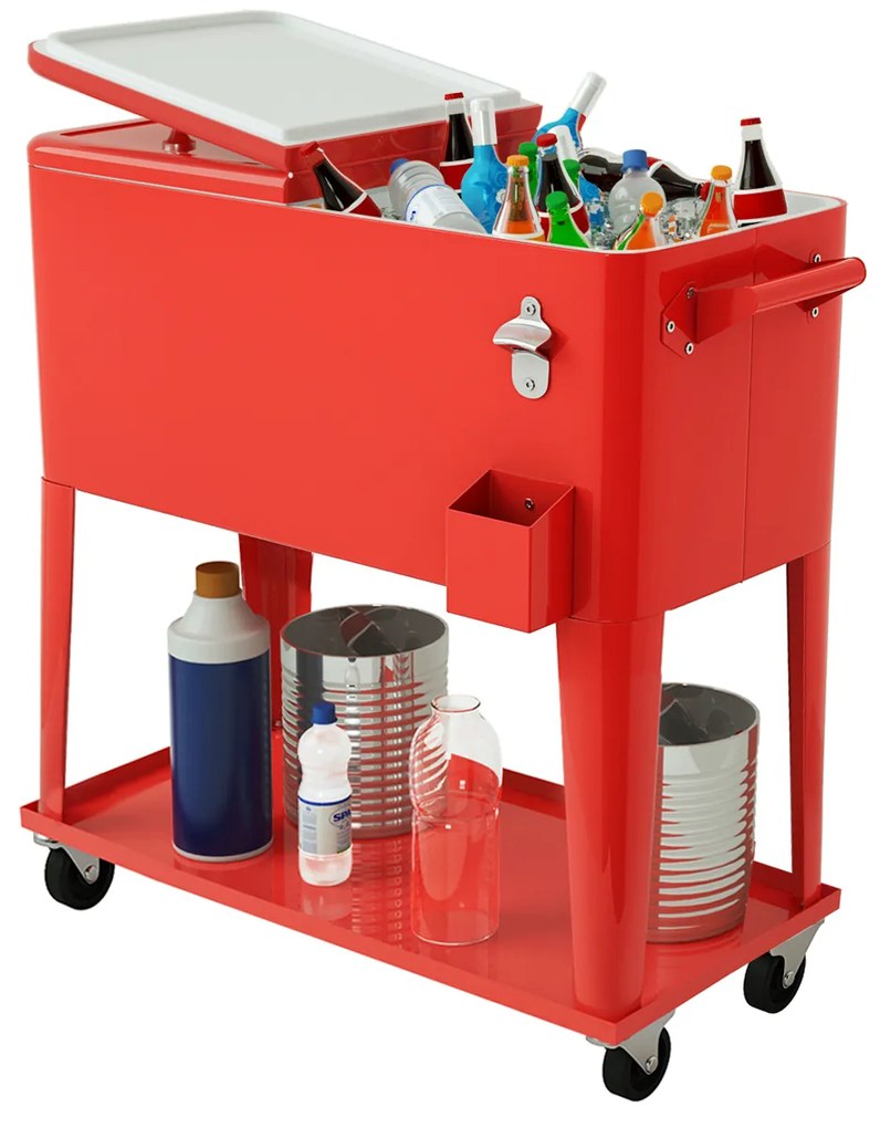 Carrinho Geleira para Bebidas e Gelo 76 L Carrinho Portátil com Rodas e Abre-Garrafas 72 h para Festas Exteriores Pátio Jardim 91 x 48 x 87 cm Vermelh