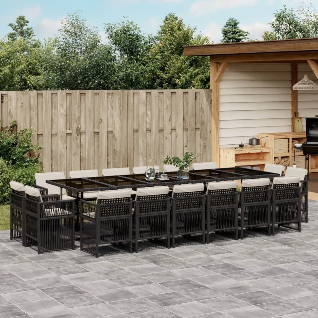 17 pcs conjunto de jantar p/ jardim c/ almofadões vime PE preto