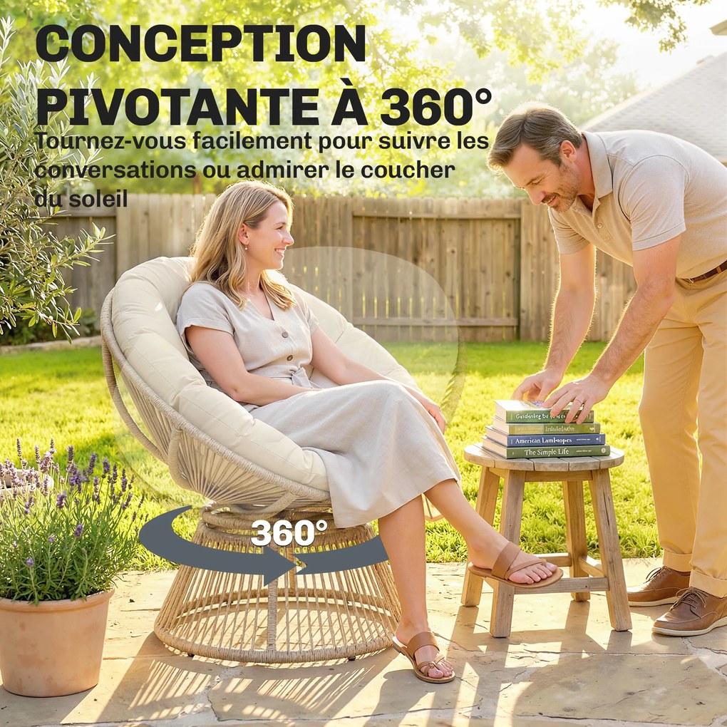 Cadeira Papasan giratória a 360° Cadeira de jardim em polirratão Almofada macia de 12 cm 93 x 81 x 87 cm Natural
