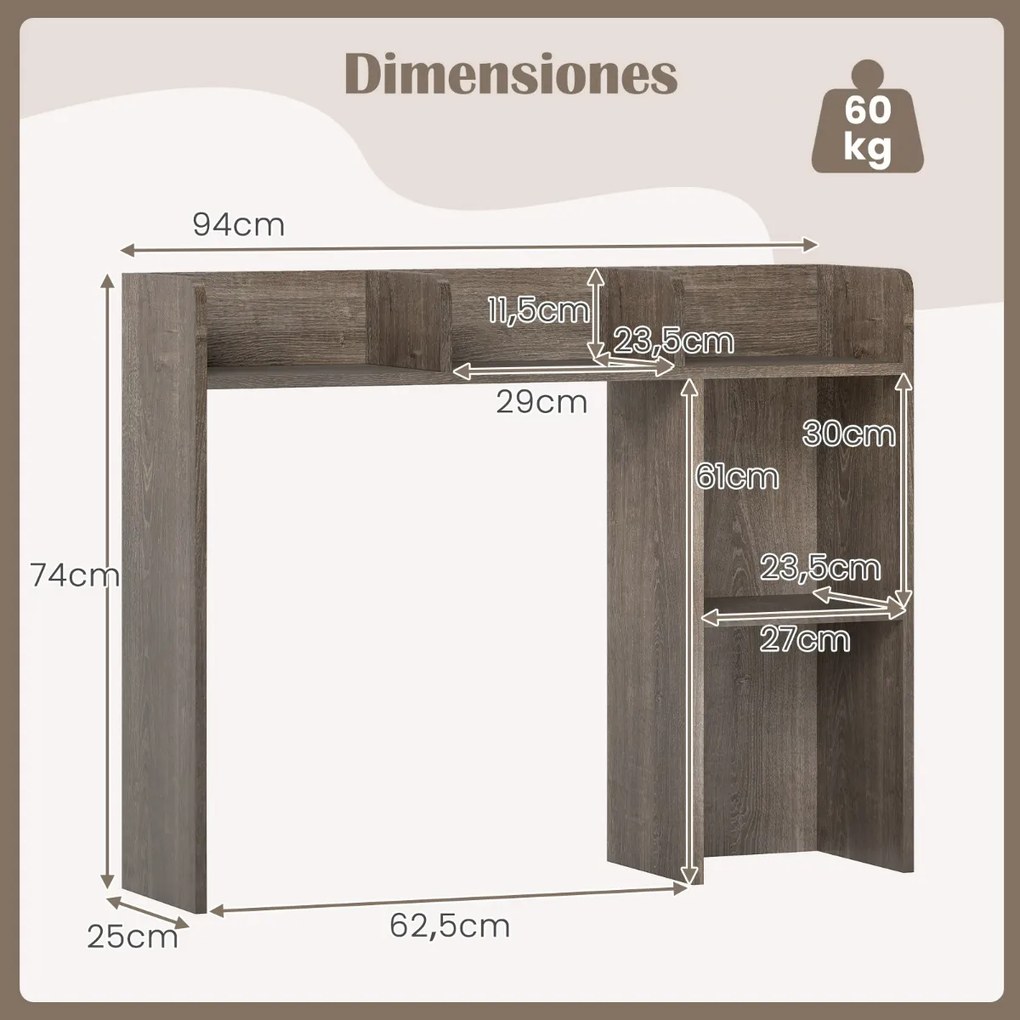 Estante de madeira para secretária 94 x 25 x 74 cm com 4 prateleiras e compartimento aberto Organizador de secretária Cinza