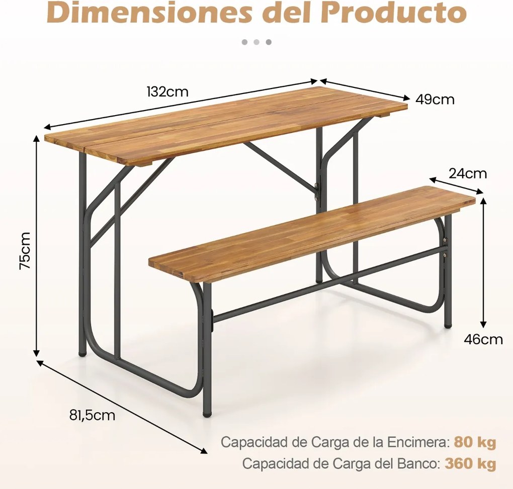 Conjunto jardim 2 Pessoas Mesa de Piquenique Unilateral com banco 2 Lugares Madeira Acacia e Pernas de Metal Natural