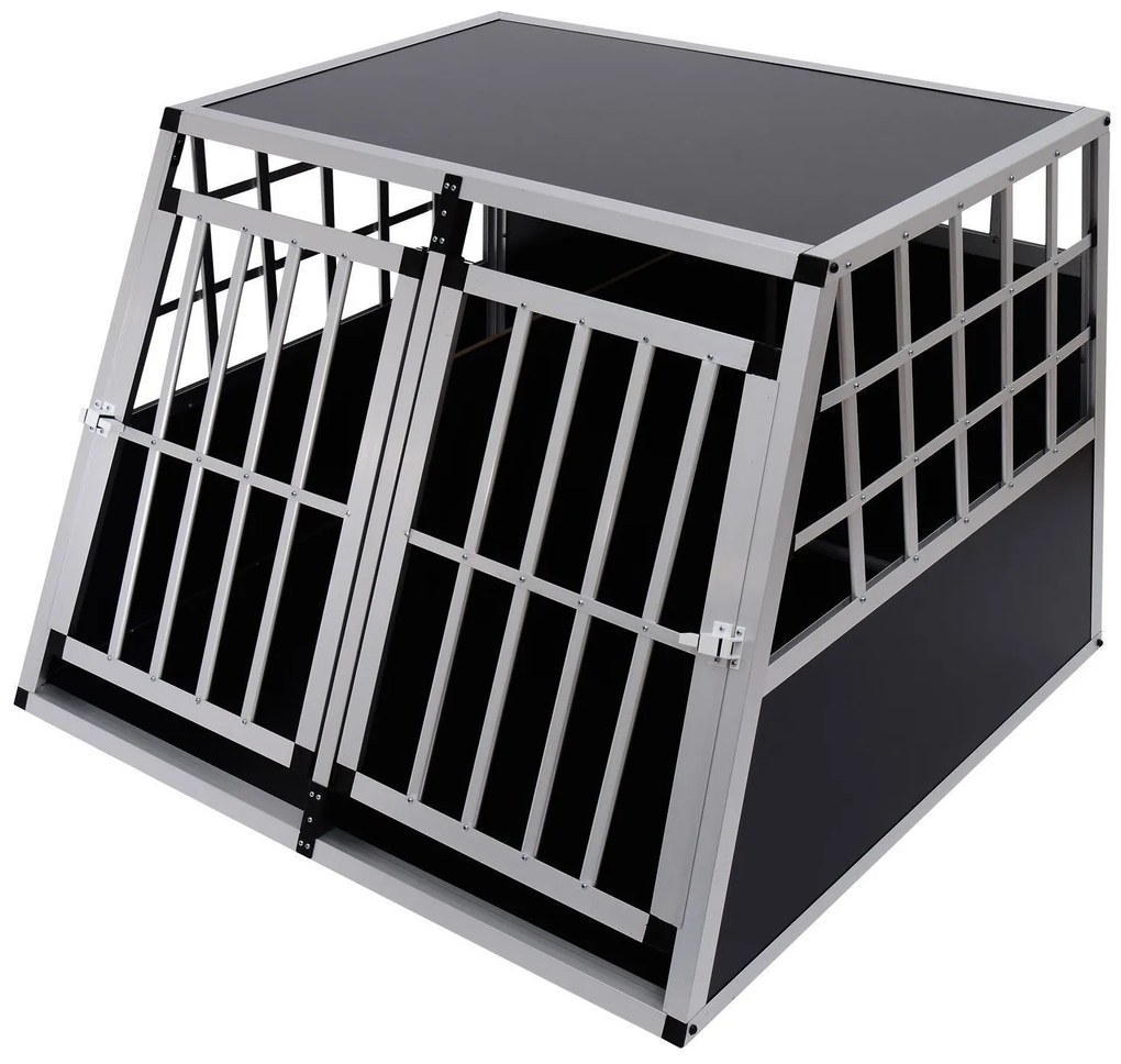 PawHut Gaiola de Alumínio para Cães Transportadora Alumínio para Cão para Viagem, Porta Dupla com Anteparo Amovível 104x91x69 cm