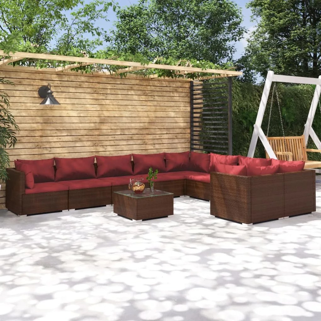 vidaXL 10 pcs conjunto lounge jardim c/ almofadões vime PE castanho