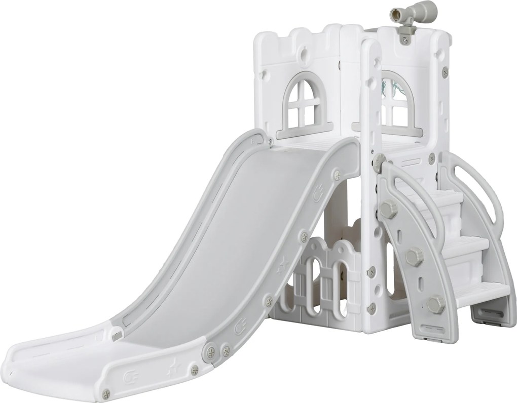AIYAPLAY Escorrega Infantil 5 em 1 para Crianças com Cesto de Basquetebol Telescópio Escalador e Cesta Inferior 70x177x92 cm Branco e Cinza | Aosom Portugal