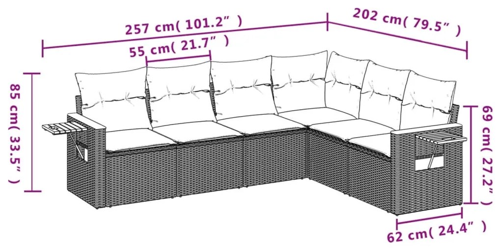 6 pcs conjunto sofás de jardim com almofadões vime cinzento