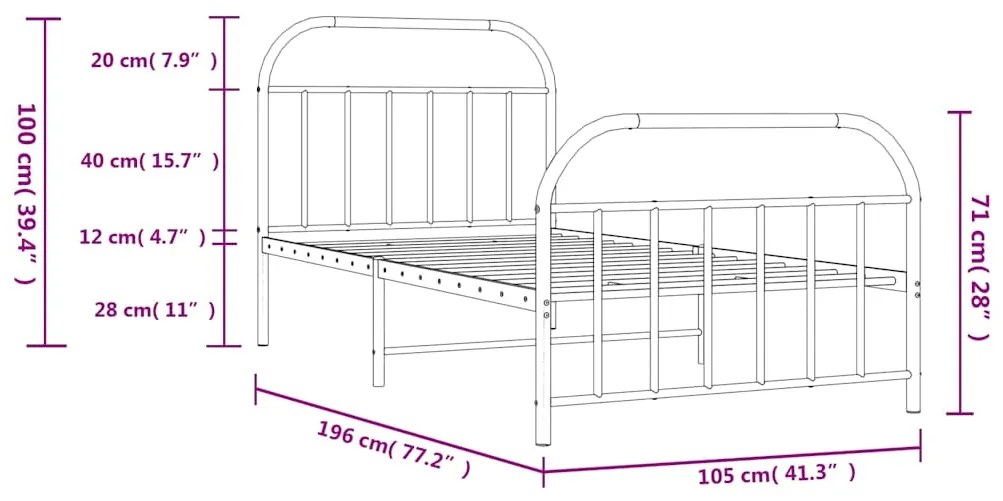 Estrutura de cama com cabeceira e pés 100x190 cm metal branco