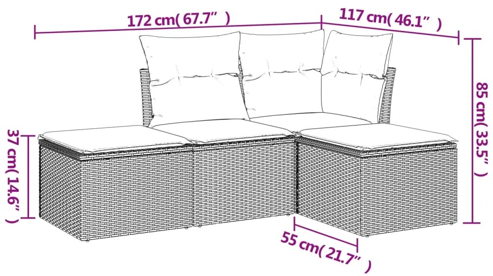 4 pcs conjunto de sofás para jardim c/ almofadões vime PE bege
