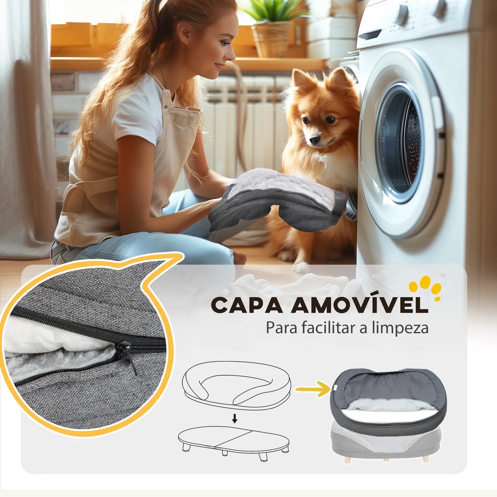 Sofá para Cães Médios e Grandes Sofá para Animais de Estimação Capa Lavável e Pés de Madeira Carga 25 kg 90x78x25 cm Cinza