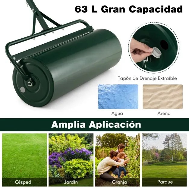 Rolo para relva metálico 63L Ø30cm cheio de água/areia empurrado/puxado/enrolado com pega amovível Verde