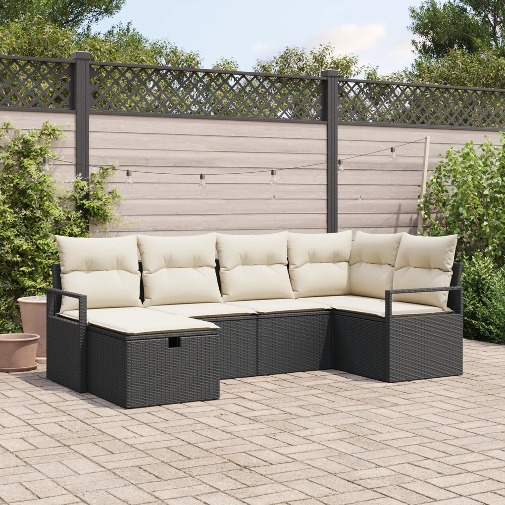 Conjunto de Sofá de 6 Peças para Jardim com Almofadas Preto Vime PE, S