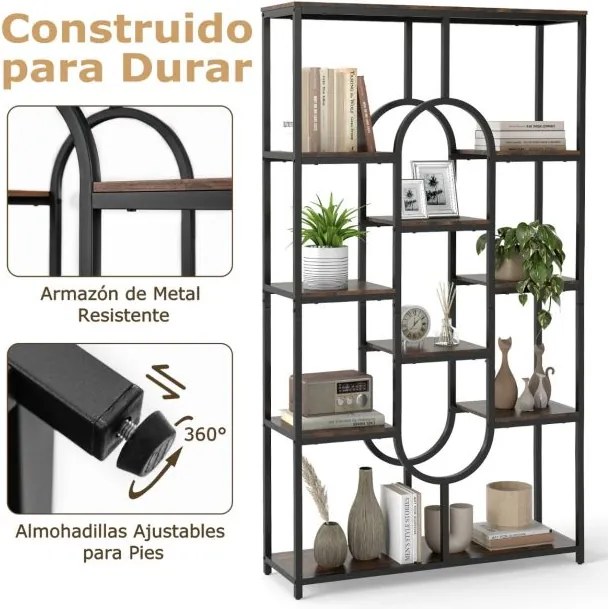 Estante de 5 níveis 95 x 30 x 175 cm com Prateleiras Abertas com Forma Ovalada Castanho rústico e preto