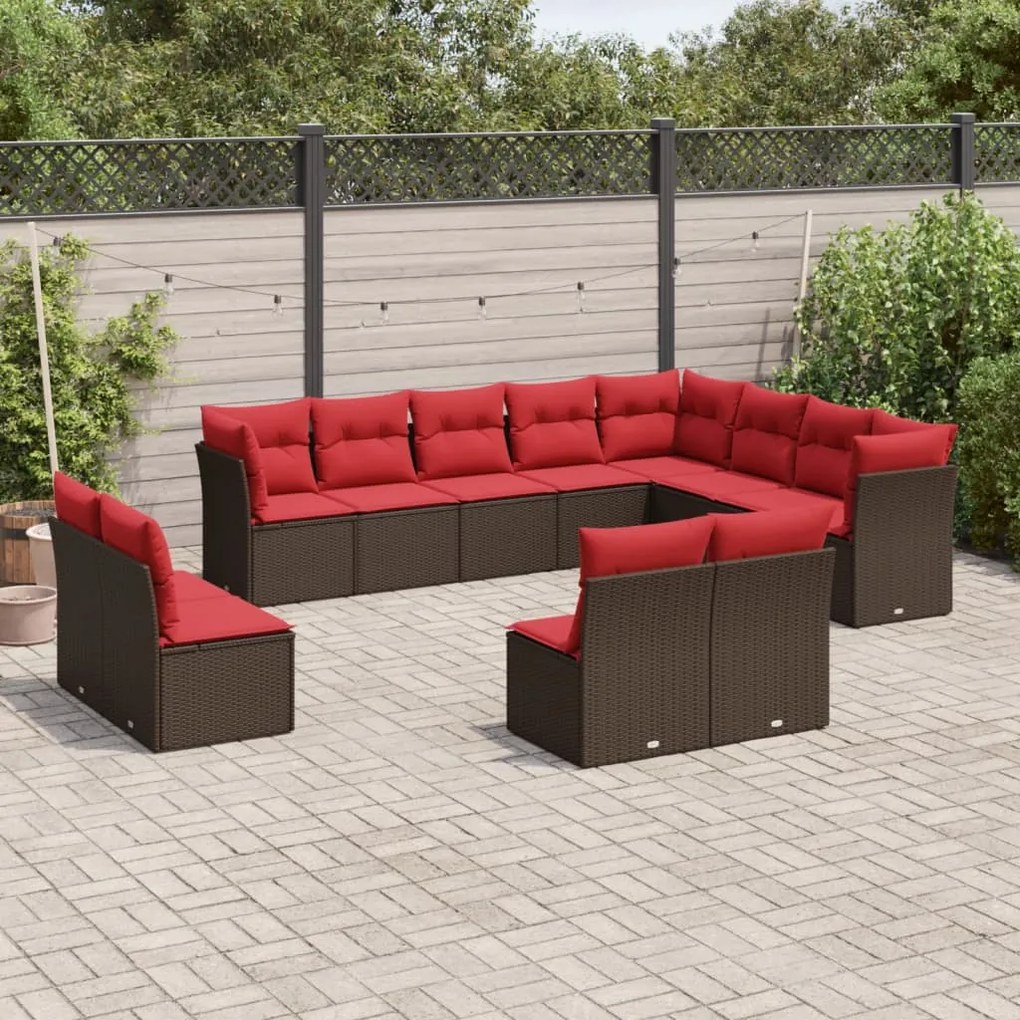 vidaXL 12 pcs conjunto de sofás jardim com almofadões vime PE castanho