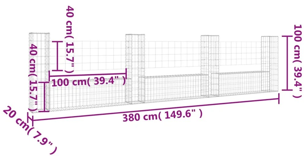 Cesto gabião em forma de U c/ 4 postes 380x20x100 cm ferro