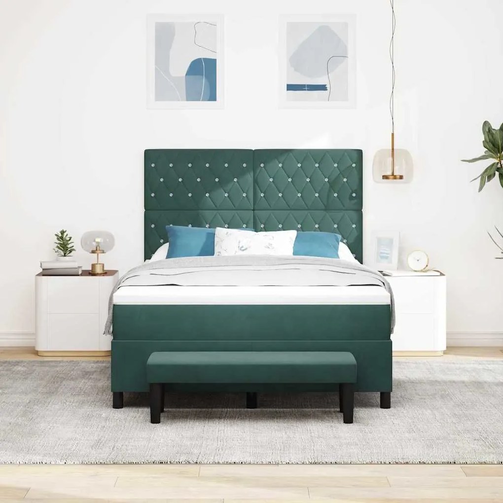 Cama Box Spring com Colchão &amp; Banco Verde Escuro 140x200 cm Veludo