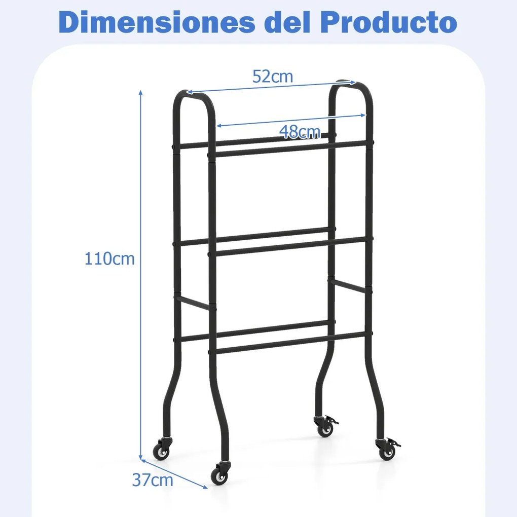 Estante para bolas de basquetebol de 3 níveis 52 x 37 x 110 cm com 4 rodas universais Estrutura preta