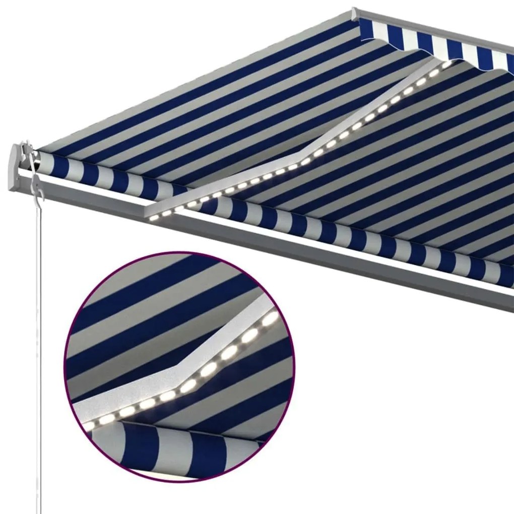 Toldo retrátil manual com LED 600x300 cm azul e branco