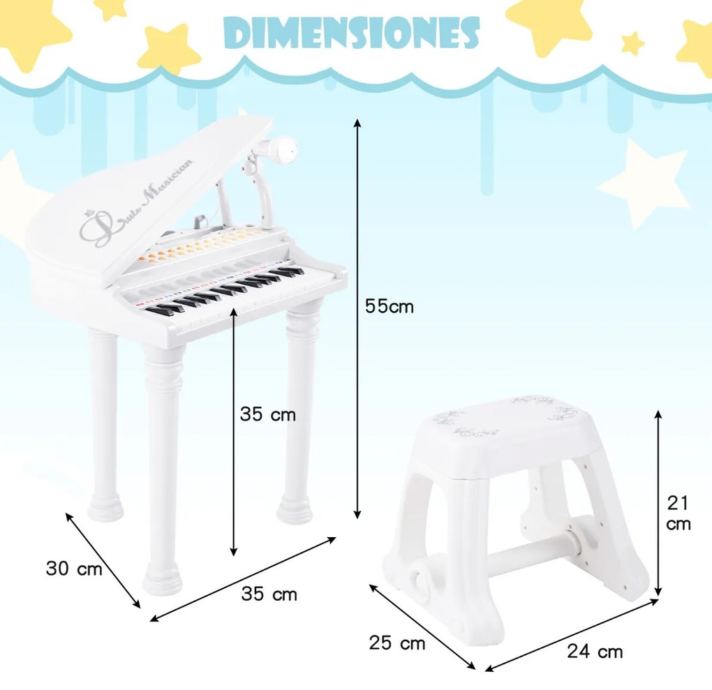 Piano eletrónico para crianças de 31 teclas com banco portátil com microfone LED 35 x 30 x 55 cm Branco