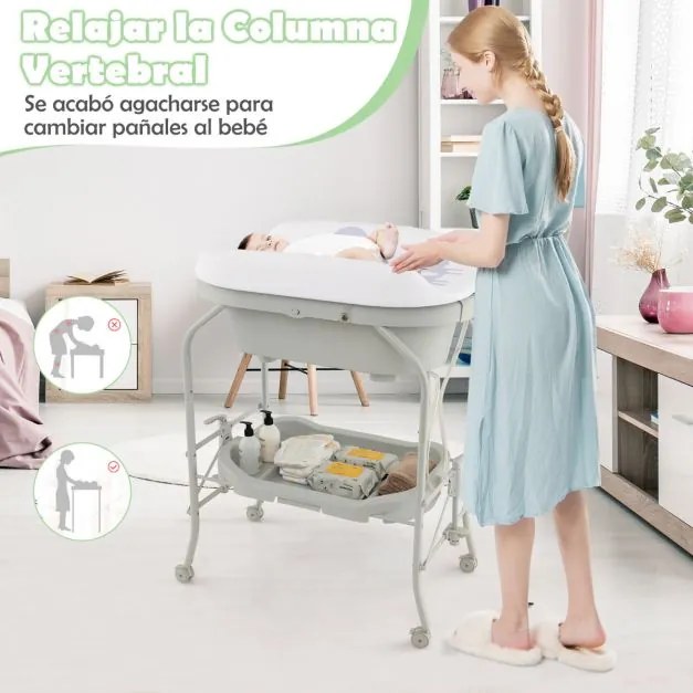 Fraldário para bebés com banheira portátil Almofada dobrável em PVC Bandeja de arrumação com 4 rodas universais Cinzento claro