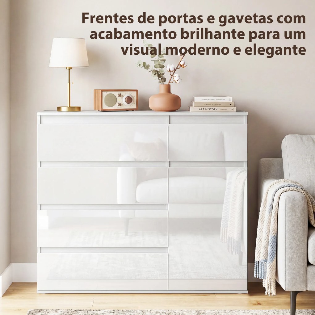 Aparador de Sala com 5 Gavetas Prateleiras Ajustáveis e Porta com Fecho Suave 100x40x80 cm Branco Brilhante