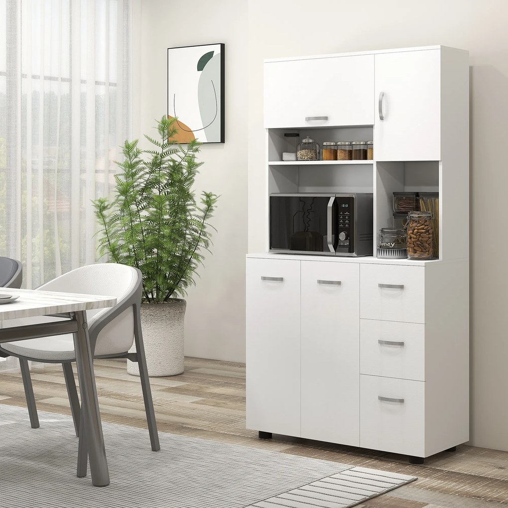 Armário de cozinha  89 x 39,5 x 168 cm com vários compartimentos, 4 portas, 3 gavetas, prateleira + tabuleiro grande, branco