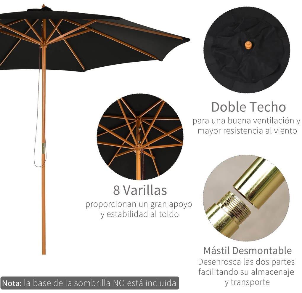 Chapéu de Sol de Jardim Ø300x250cm com Sistema de Polia Teto Ventilado