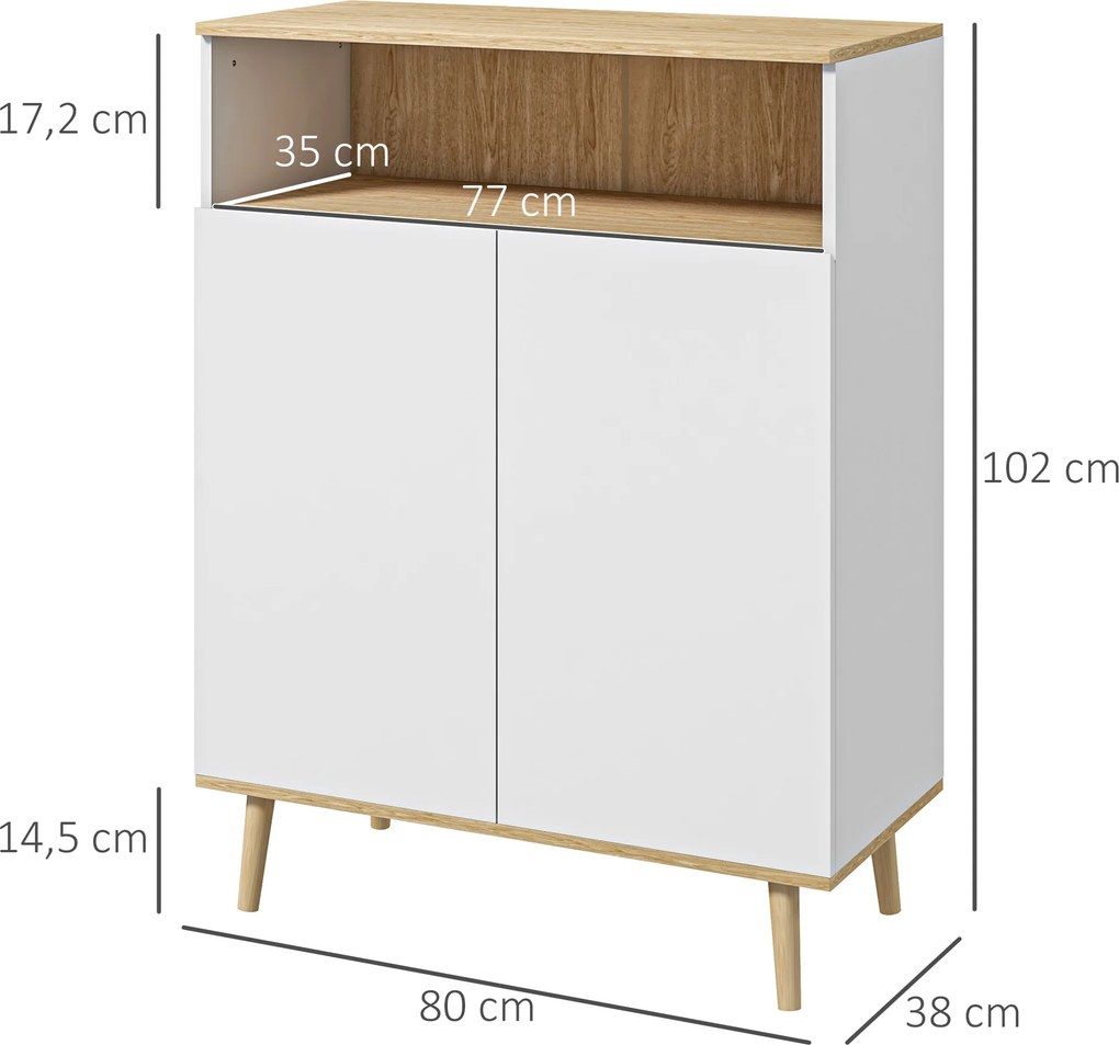 Móvel de arrumação tipo aparador escandinavo com 2 portas e prateleira interior 80 x 38 x 102 cm, branco com acabamento em imitação de madeira