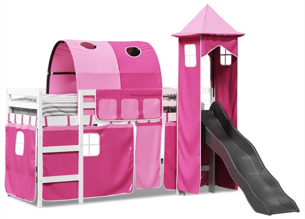 Cama alta para criança com torre 80x200 cm pinho maciço rosa