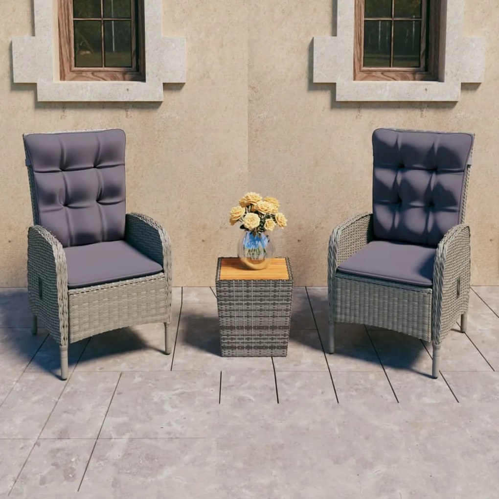 3058535 vidaXL 3 pcs conj. bistrô jardim vime PE e madeira de acácia cinzento