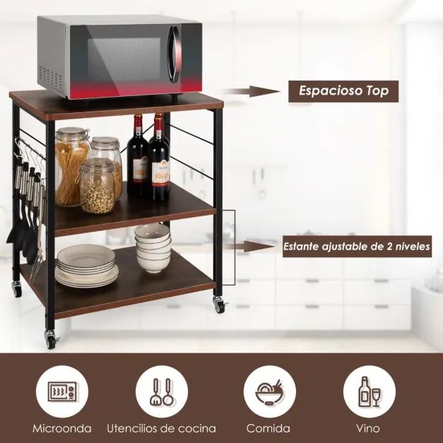 Carrinho de cozinha 60 x 40 x 73,5 cm com rodas bloqueáveis Ganchos removíveis Estante para micro-ondas Castanho