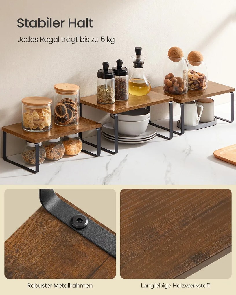 Conjunto de 3 prateleiras cozinha para especiarias empilháveis e extensíveis, castanho vintage-preto