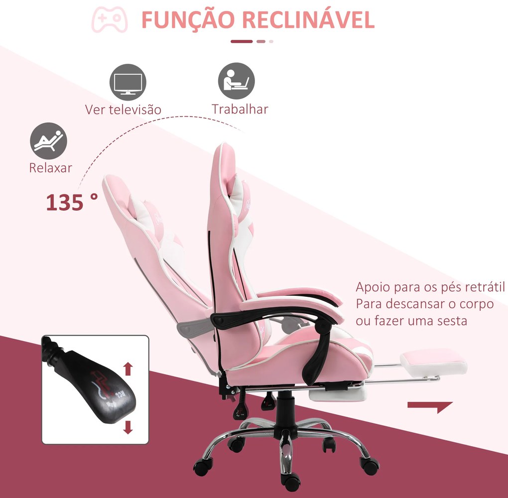 Cadeira de Gaming Reclinável Giratória com Apoio para a Cabeça Apoio para os Pés e Almofada Lombar 64x67x119-127 cm Rosa